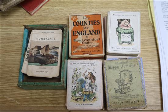 A collection of early playing cards, building blocks and two scratch toys